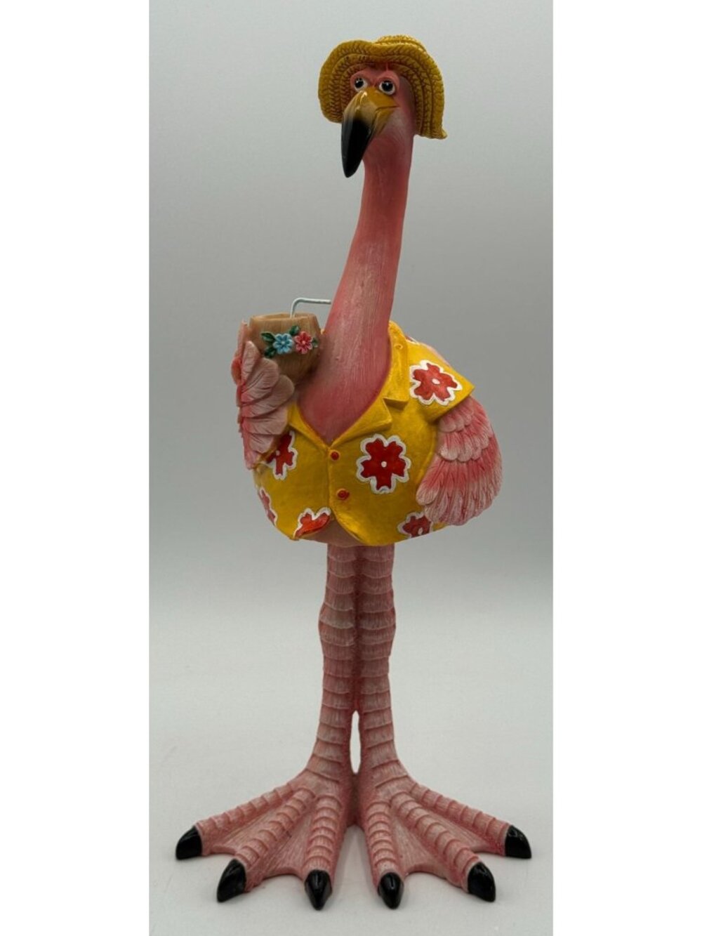 Hawaiian Flamingo Figurine Bobble Straw Hat Tropical Drink 14" Decorative Beach